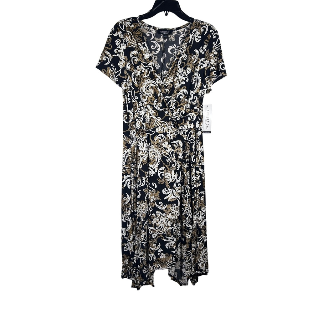 Perceptions New York‎ Black Taupe Paisley Print Wrap Midi Dress Size XL NEW